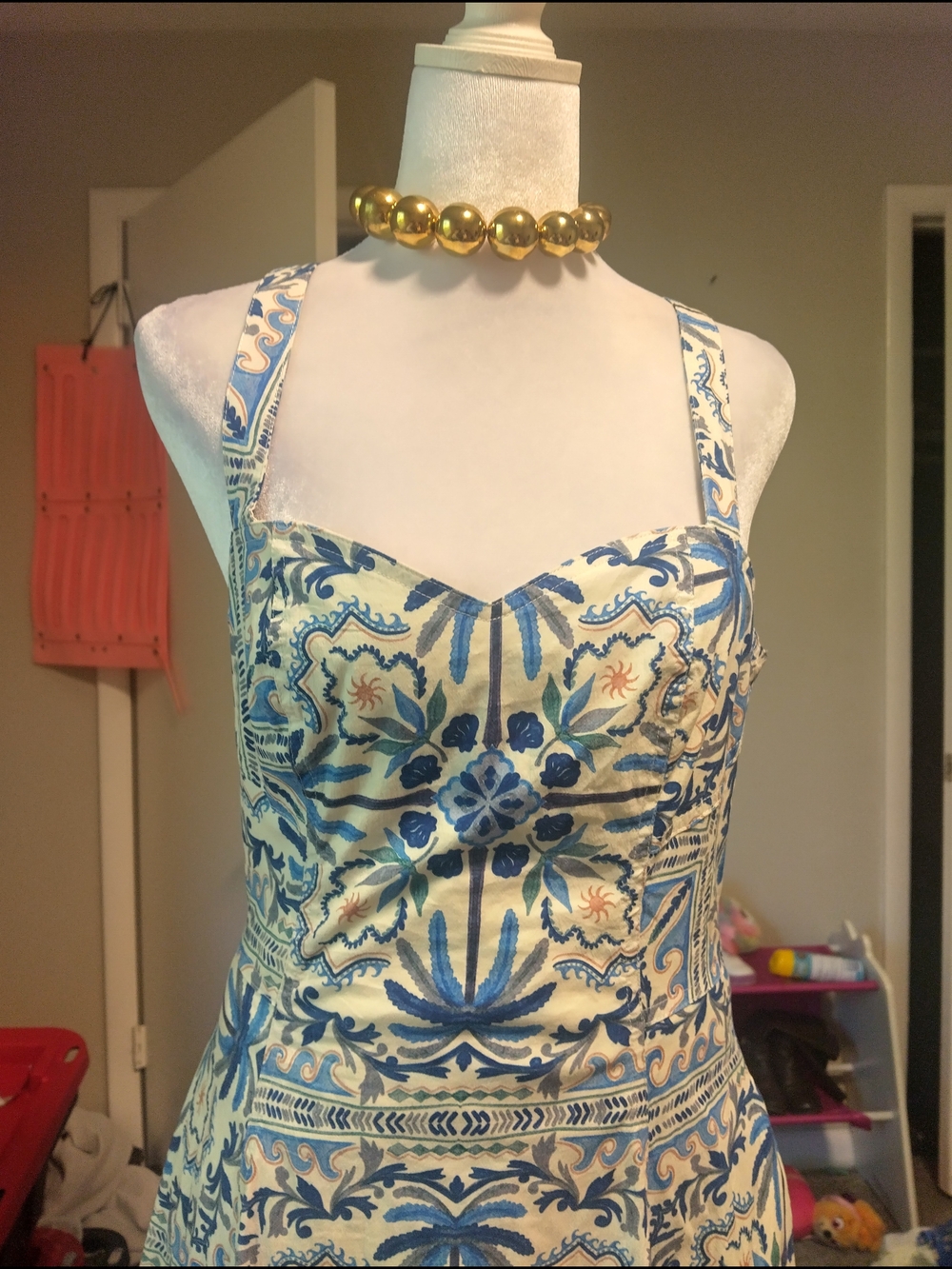 Avec Les Filles Blue, Cream & Rust Tile-Print Midi Dress - Picture 6 of 8